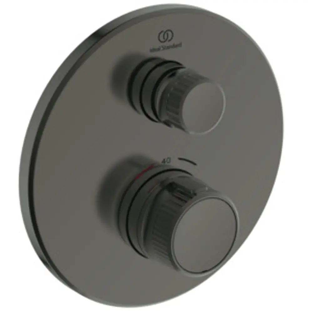 Brausethermostat von Ideal Standard in runder Form mit zwei Einstellknöpfen für Temperatur und Wasserfluss in Magnetic Grey.